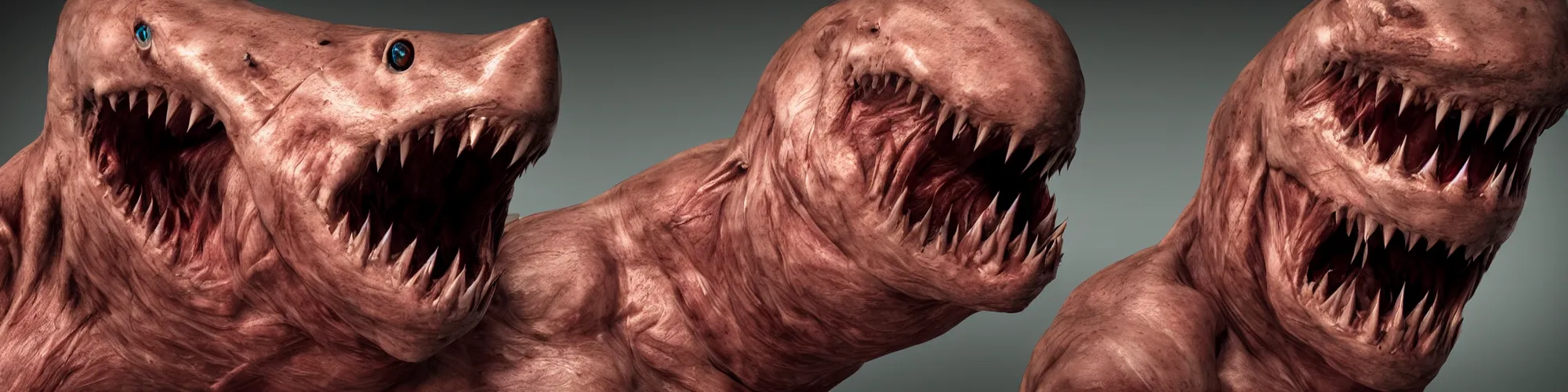 Image similar to A human with shark head made of muscles and flesh, very angry, teeth, ambient light, terror, glows, realistic, photo-realism, hyper realism, picture, detailed, 3D render, scary, distant shot, in the distance,