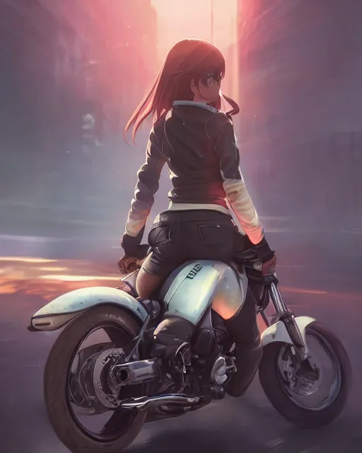 Image similar to a girl riding a motorcycle, full shot, atmospheric lighting, detailed face, by makoto shinkai, stanley artgerm lau, wlop, rossdraws