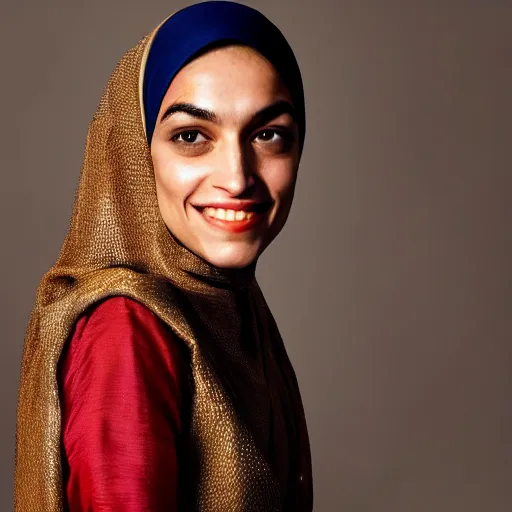 Prompt: Alexandria Ocasio-Cortez, model, beautiful, flirty smile renaissance painting portrait, dramatic, extra detailed, hijab, sari, deep rich colors