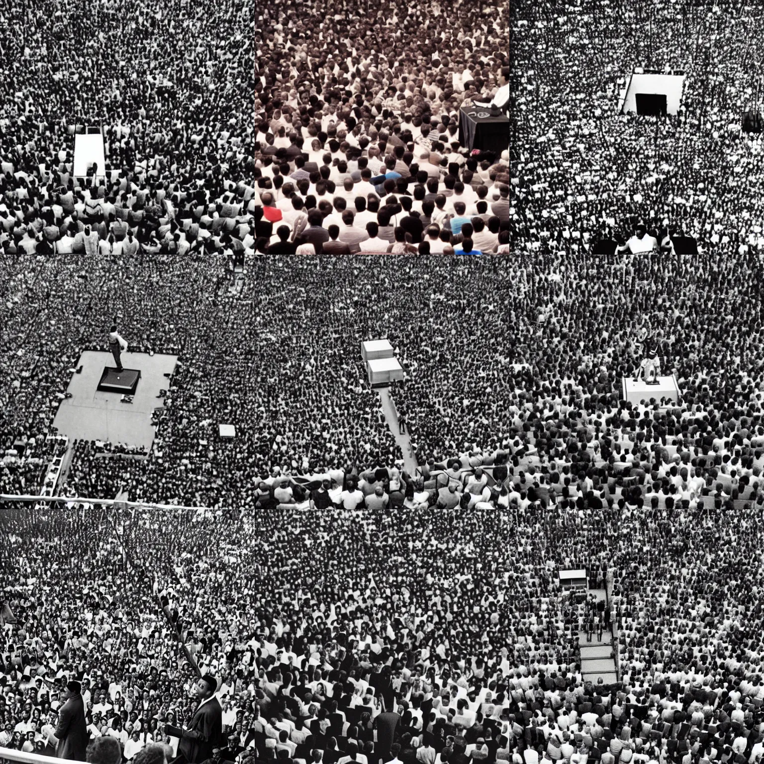 Prompt: aerial photo of Mohammed Ali speaking to big crowd in Washington 1960