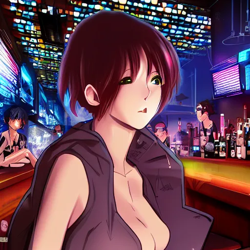 Image similar to Cinematography, anime girl in a bar, cyberpunk city, hyper detailed, 4k