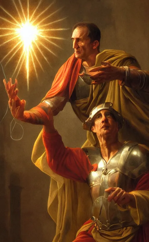 Prompt: Julius Caesar casting an electricity spell. Digital art trending on artstation. 4k. Tyndall effect.