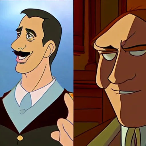 Image similar to steve carell in anastasia, don bluth animation, film still