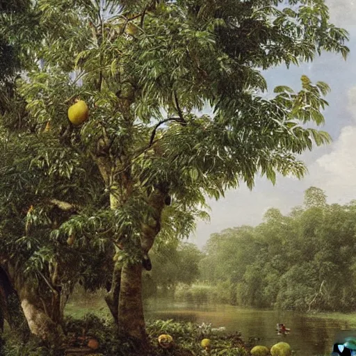 Prompt: tropical fruit trees and white milk river, mangos, painting by ivan shishkin