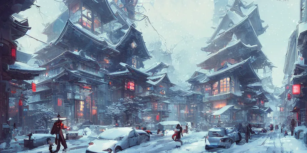 Image similar to japan's architectural street, snow in the city, buildings surrounded by cherry trees, cyberpunk, trends in artstation by peter mohrbacher,