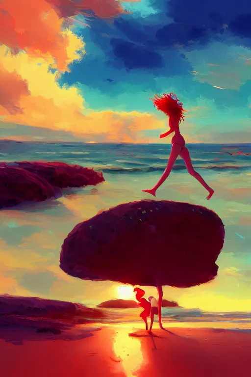 Image similar to red haired girl, bikini, crowded beach surreal photography, sunrise, dramatic light, impressionist painting, colorful clouds, digital painting, artstation, simon stalenhag