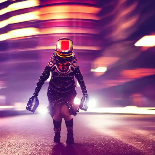 Prompt: gopro pov of a woman warrior wearing intricate scifi helmet running motion blur, night, city, raining