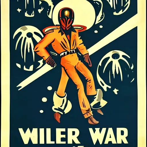 Prompt: a 1930s propaganda poster of an alien war