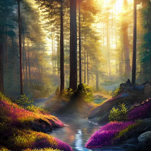 Image similar to detailed fantasy painting of a boreal forest at dawn ultra realistic , lens flare, atmosphere, glow, detailed, intricate, full of colour, cinematic lighting, trending on artstation, 4k, hyperrealistic, focused, extreme details, cinematic, masterpiece