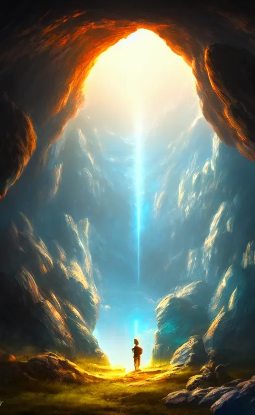 Image similar to a portal into heaven in the distance of a giant cave, dynamic lighting, ambient lighting, atmospherical, photorealistic fantasy concept art, trending on art station, stunning visuals, creative, cinematic, ultra detailed