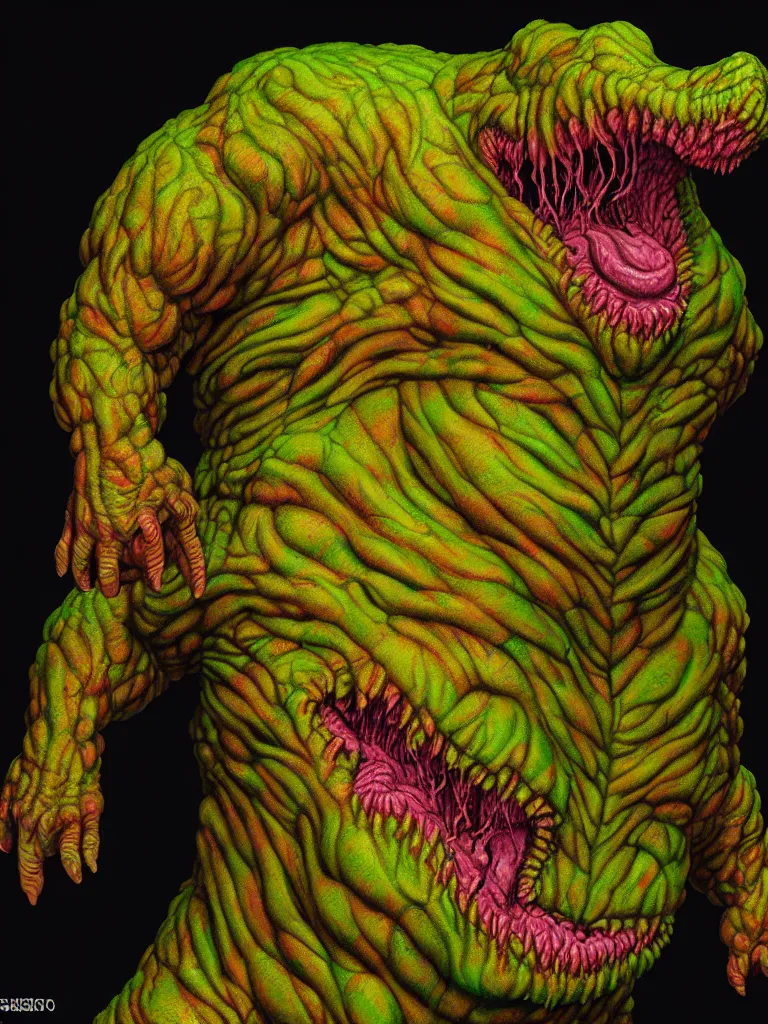 Image similar to hyperrealistic rendering, fat cronenberg flesh monster smooth kaiju by art of skinner and richard corben and jeff easley, product photography, action figure, sofubi, studio lighting, colored gels, rimlight, backlight