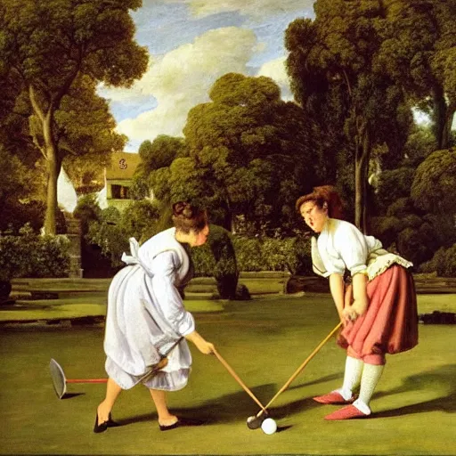 Prompt: seinfeld playing croquet in the garden, oil on canvas, highly detailed, warm color scheme, soft lighting, sharp focus, adelaide labille - guiard, artemisia gentileschi