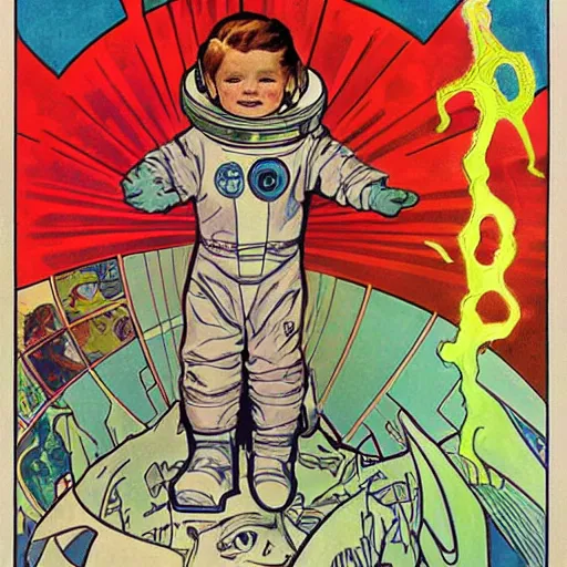 Prompt: a cute little boy with a mischievous face and short ginger hair. he is dressed as an astronaut. well composed, clean elegant painting, beautiful detailed face. painting by steve ditko and jack kirby and ( alphonse mucha )