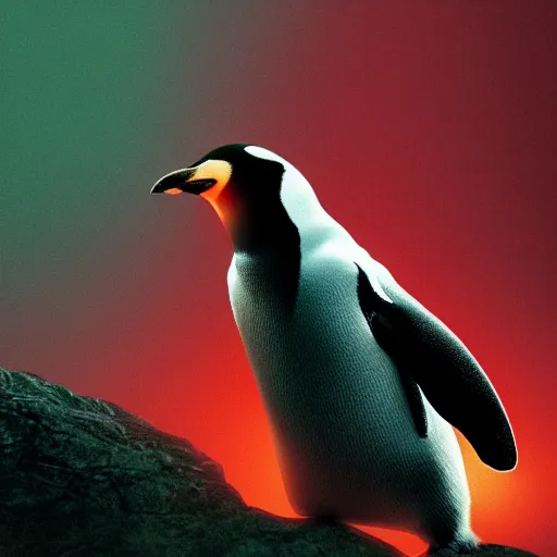 Image similar to penguin with red glowing eyes standing in front of minas morgul