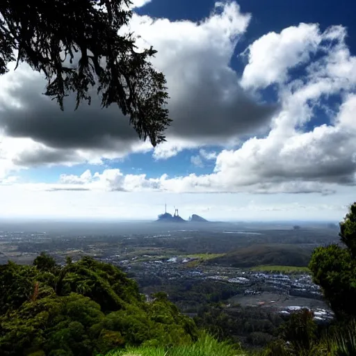 Image similar to grand Castle on top of Auckland mountain, clouds, sun