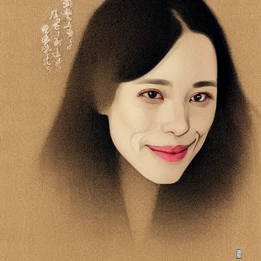 Image similar to “ rachel mcadams portrait by ikenaga yasunari and ayana otake and ko rakusui, drawing, realistic, sharp focus, japanese, dreamy, nostalgia, faded, golden hues, floral clothes ”