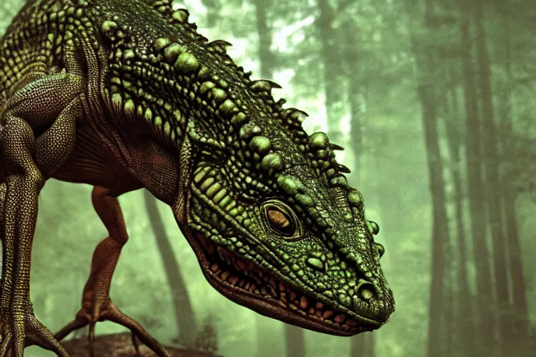 Prompt: alien lizard, deep forest on all backround, photorealistic, movie still, 5 0 mm