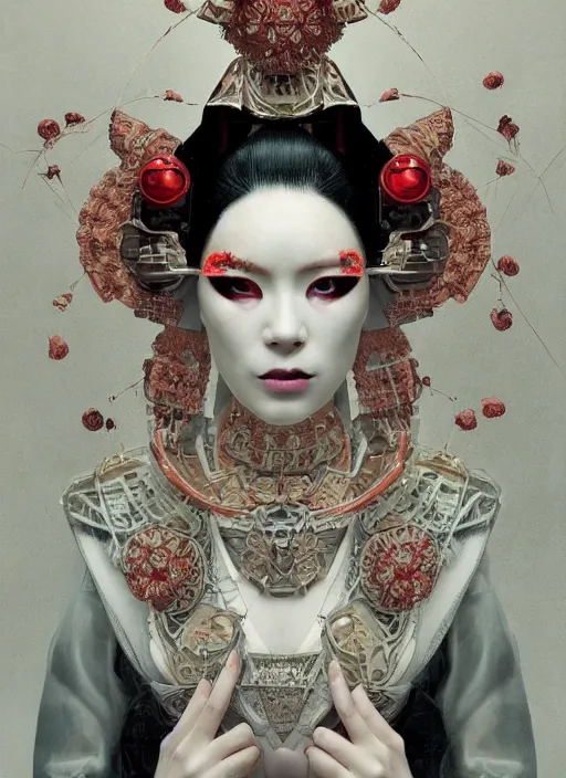 Image similar to portrait of a sensual cyberpunk geisha cyborg with headpiece, imari, modern fine art, fractal, in the style of ghosts in the shell, intricate ornaments, elegant, highly detailed, digital photography, subsurface scattering, by jheronimus bosch and greg rutkowski,