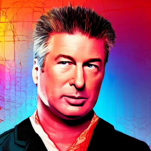 Prompt: retrowave splintered very strange portrait of alec baldwin