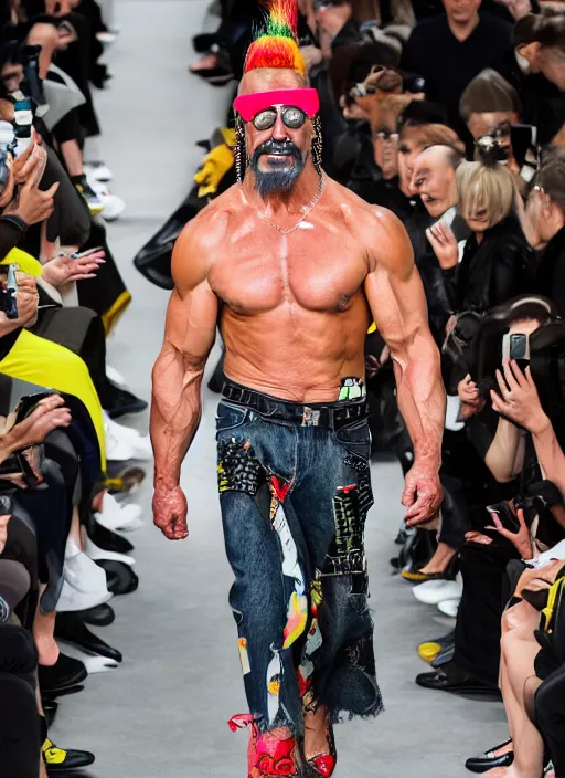 Image similar to hyperrealistic and heavy detailed balenciaga runway show of hulk hogan, leica sl 2 5 0 mm, vivid color, high quality, high textured, real life