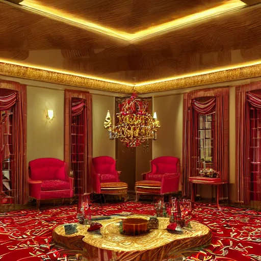 Image similar to isometric view of a lavish hotel lobby, full of cherry, wood and red carpet and golden accents on the walls, high quality, digital art