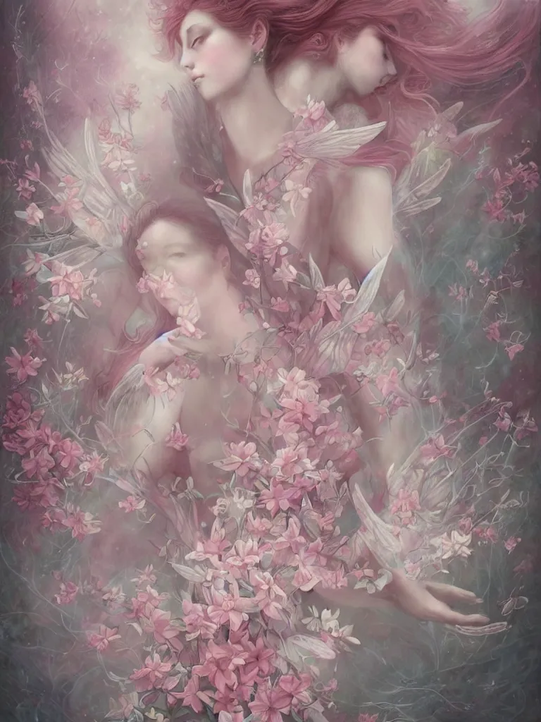 Image similar to symmetry!! a pink beautiful fairy with large wings and flowing hair is exploring her flower garden, style of tom bagshaw, extremely detailed, muted colors, negative space