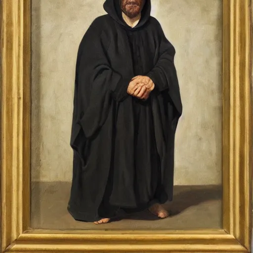 Prompt: a man wearing a long cloak and hood, oil painting, portrait, high detail