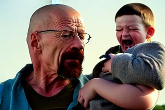 Prompt: walter white holding a baby and screaming at it