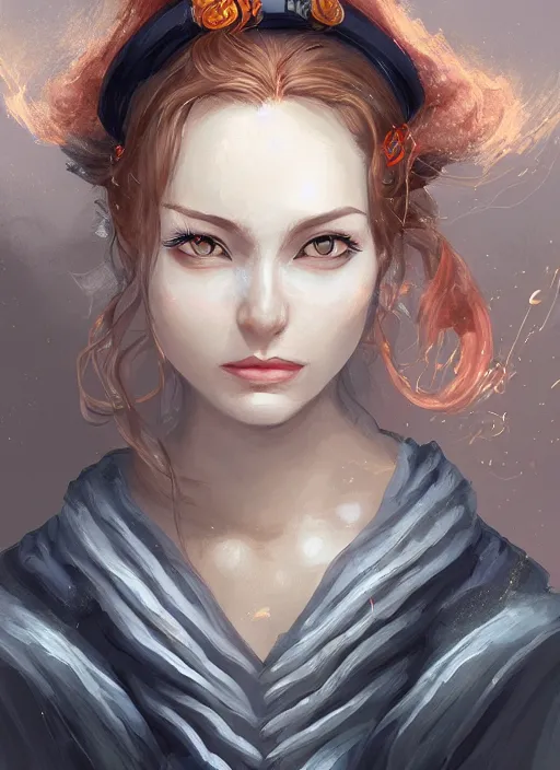 Image similar to a portrait of Nami the burglar as a real woman, wearing a traditional geisha dress, ginger hair, lightning in the background , electricity themed, beautiful face, intricate, highly detailed, digital painting, artstation, concept art, smooth, sharp focus, illustration, art by Charlie Bowater, matte painting