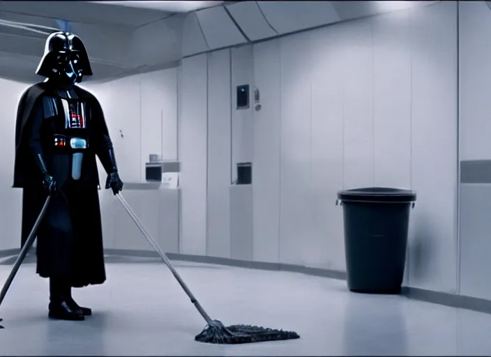 Image similar to film still of Darth Vader working as a janitor in the new Star Wars movie, 4k