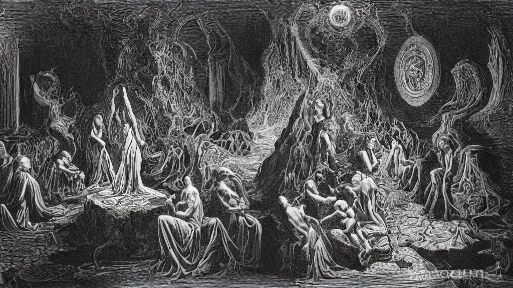 Prompt: mankinds discovery of alchemy sacred geometry engraving by gustave dore