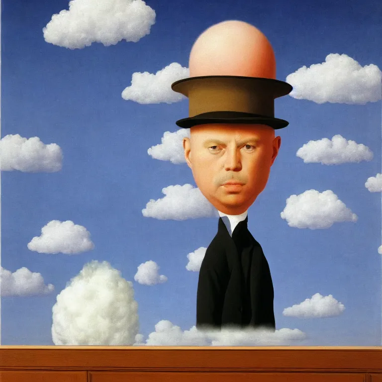 Prompt: portrait of a man whos head is a cloud, his head is hidden with cloud, by rene magritte, detailed painting, hd, hq, high resolution, high detail, 4 k, 8 k