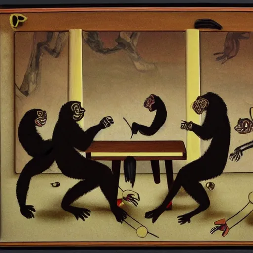 Image similar to A beautiful performance art of a group of monkeys playing backgammon. The monkeys are seated around a table, with some of them appearing to be deep in concentration while others appear to be playing more casually. by Gwenda Morgan robust