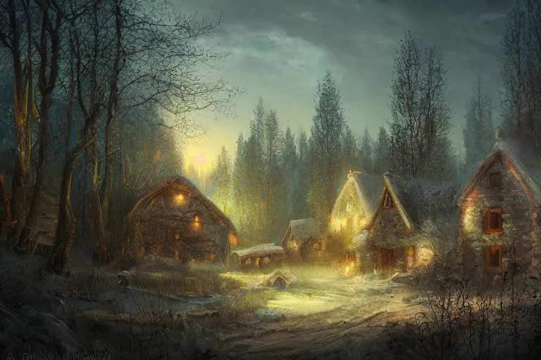 Prompt: A beautiful painting of russian village in dark forest, trending on artstation,matte painting