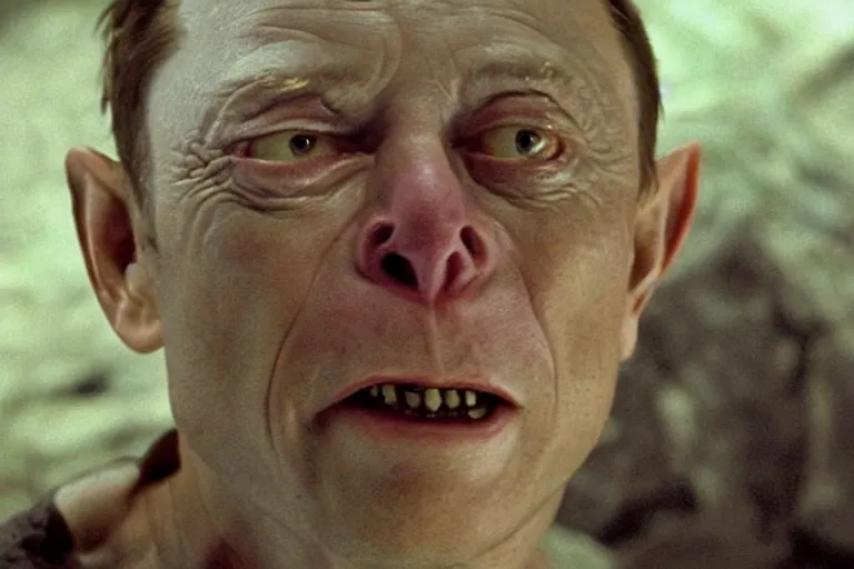 Image similar to film still of Elon Musk playing the role of Gollum Sméagol, from the movie The Lord of the Rings: The Fellowship of the Ring (2001)