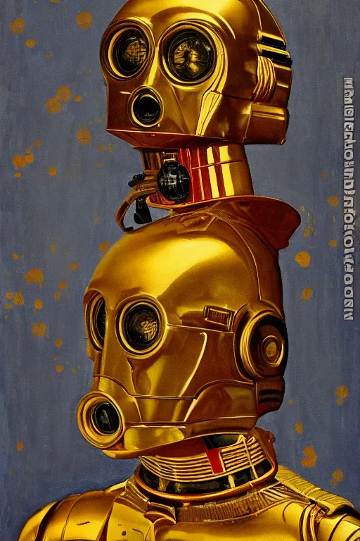 Prompt: a portrait painting of sexy c3po. Painted by Norman Rockwell