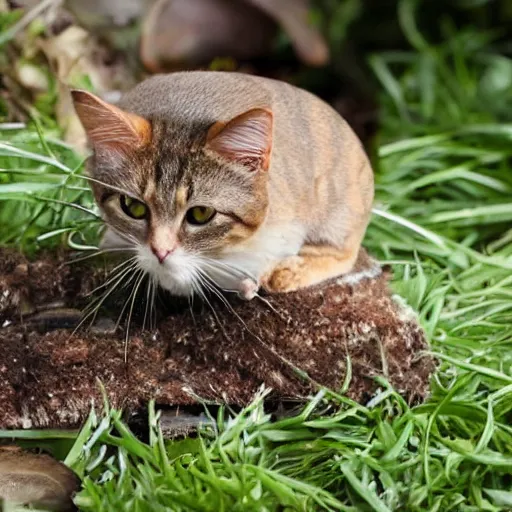 Prompt: a small domestic housecat with a flat mushroom growing atop its head