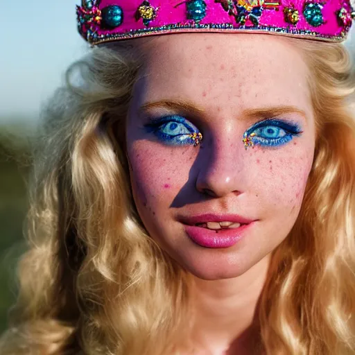 Prompt: close up headshot of a princess with long blonde hair and blue eyes wearing a strapless elaborately beaded pink dress, high resolution film still, 8k, HDR color, film by Simon Langton and David Frankel, triangular face, freckles, narrow chin