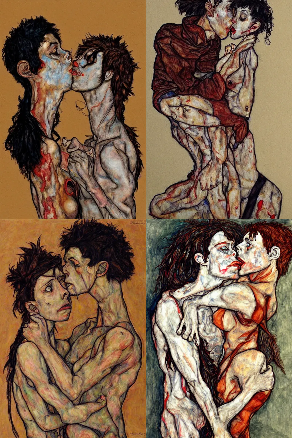 Prompt: two kissing characters in style of herakut and egon schiele, masterpiece, centered, detailed, 4 k, trending on artstation,