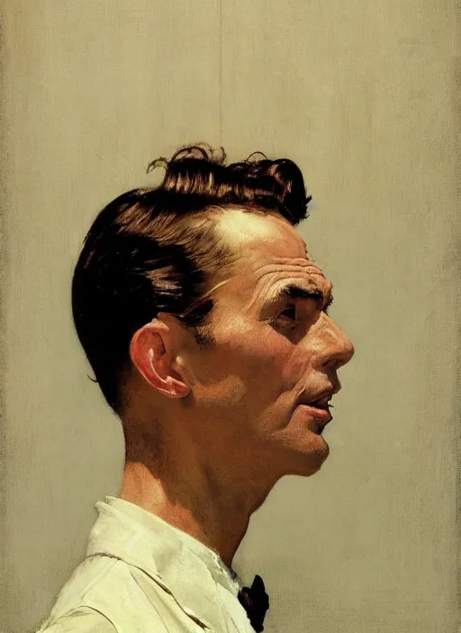 Prompt: illustration upper body and head portrait of elegant man in summer dress, by norman rockwell, roberto ferri, daniel gerhartz, edd cartier, jack kirby, howard v brown, ruan jia, tom lovell, frank r paul, jacob collins, dean cornwell, pulp 5 0 s scifi