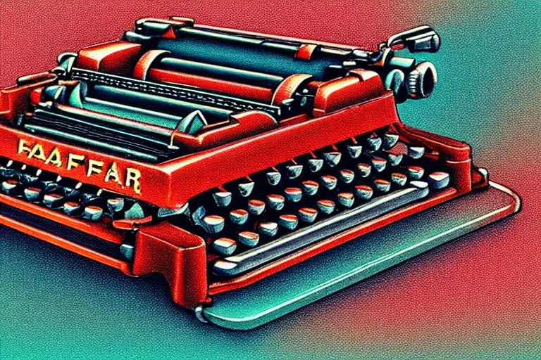 Image similar to typewriters!, in the style of john avon and derek riggs and eva widermann, trending on artstation, halfrear lighting closeup view anaglyph filter, bokeh, anime, colored pencil art, belle epoque