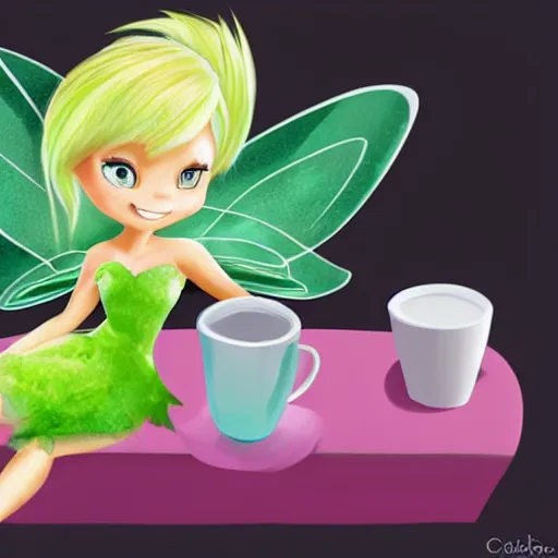 Prompt: digital painting of chibi Tinkerbell reclining and drinking coffee 4k detailed