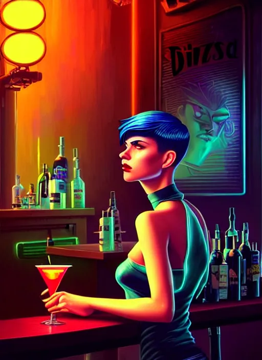 Prompt: a young sophisticated beautiful barmaid, dimly lit retrofuturistic cyberpunk dive bar, dystopian retro 1980s neon vibe, relaxed pose, pixie cut with shaved side hair, wild, highly detailed, digital painting, artstation, sharp focus, illustration, detailed digital art style by Tim Hildebrandt + perfect facial symmetry + dim volumetric lighting, vibrant deep colors, 🍸, 8k octane beautifully detailed render, post-processing, extremely hyperdetailed, epic composition, grim yet sparkling atmosphere, cinematic lighting + masterpiece, Art Nouveau