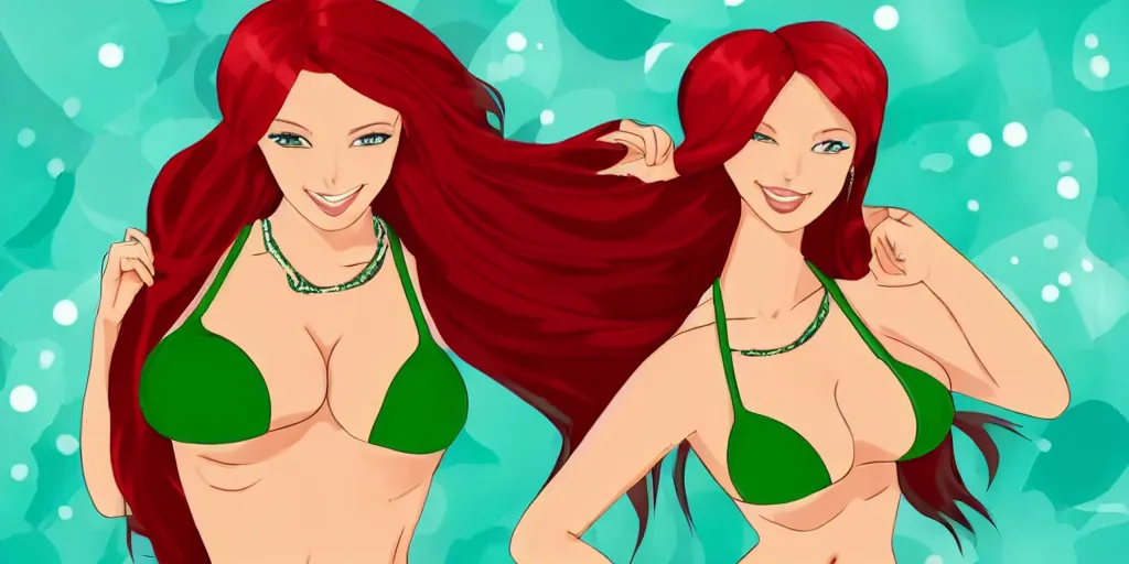 Image similar to very beautiful girl, with red hair, in the style 2d, in a green bikini, hair in a bun