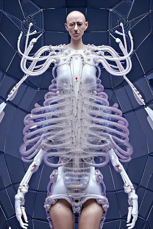 Prompt: background space station, baroque inflateble dress iris van herpen positing on floor, white helmet on face, perfect symmetrical, full body shot, inflateble shapes, wires, tubes, veins, jellyfish, white biomechanical details, wearing epic bionic implants, masterpiece, intricate, biopunk, vogue, highly detailed, artstation, concept art