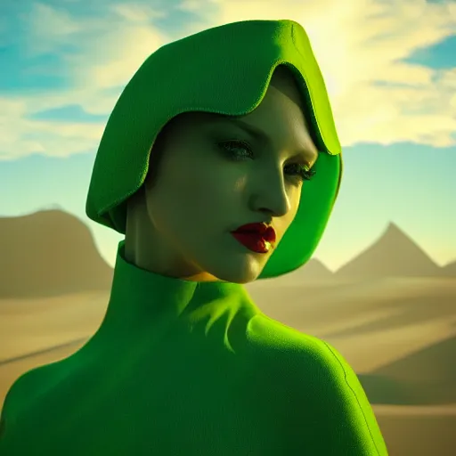 Image similar to innovative avant-garde art, deco fashion, attractive women, wearing green, highly detailed, photorealistic portrait, serene desert setting, golden hour, crisp quality and light reflections, unreal engine 5 quality render