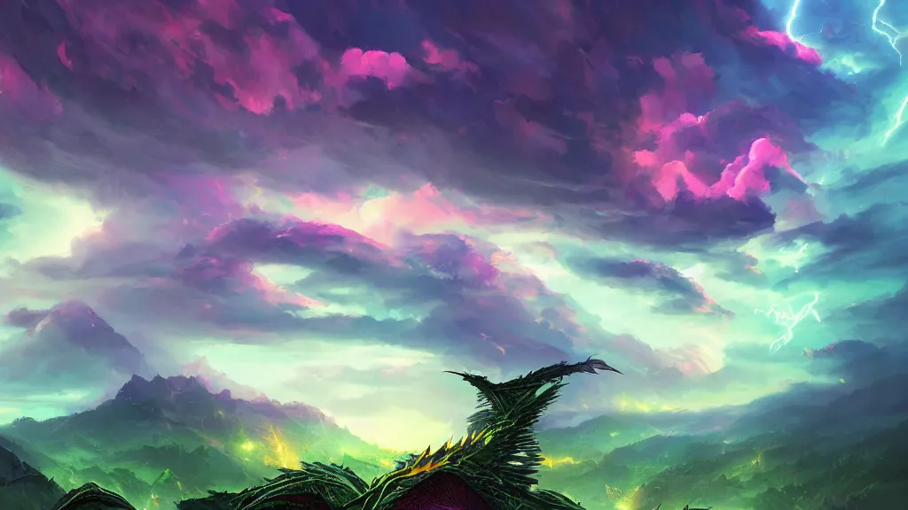 Prompt: huge green dragon flying through a stormy cloudy sky, lightning striking all around it, vibrant colors, by sylvain sarrailh, rossdraws, ambient light, ultra detailed, fantasy artwork, 8 k, volumetric lighting, trending on artstation, award winning, beautiful scenery, very beautiful.