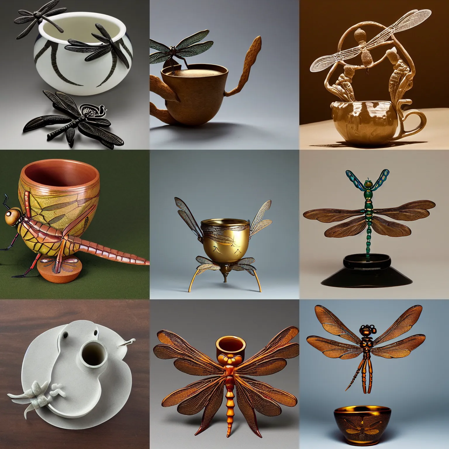 Prompt: Dragonfly-shaped, dragonfly-like, a bespoke dragonfly-formed tea-brewing vessel in the shape of a dragonfly, that looks like a dragonfly, that has the form of a dragonfly, dragonfly-shaped