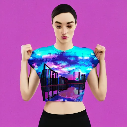 Image similar to realistic product mock up of a woman wearing an all over print crop top in the style of vaporwave and synthwave, 8 k realistic photo