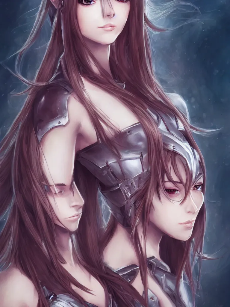 Image similar to a portrait of an attractive knight female anime character with long hair, artgerm